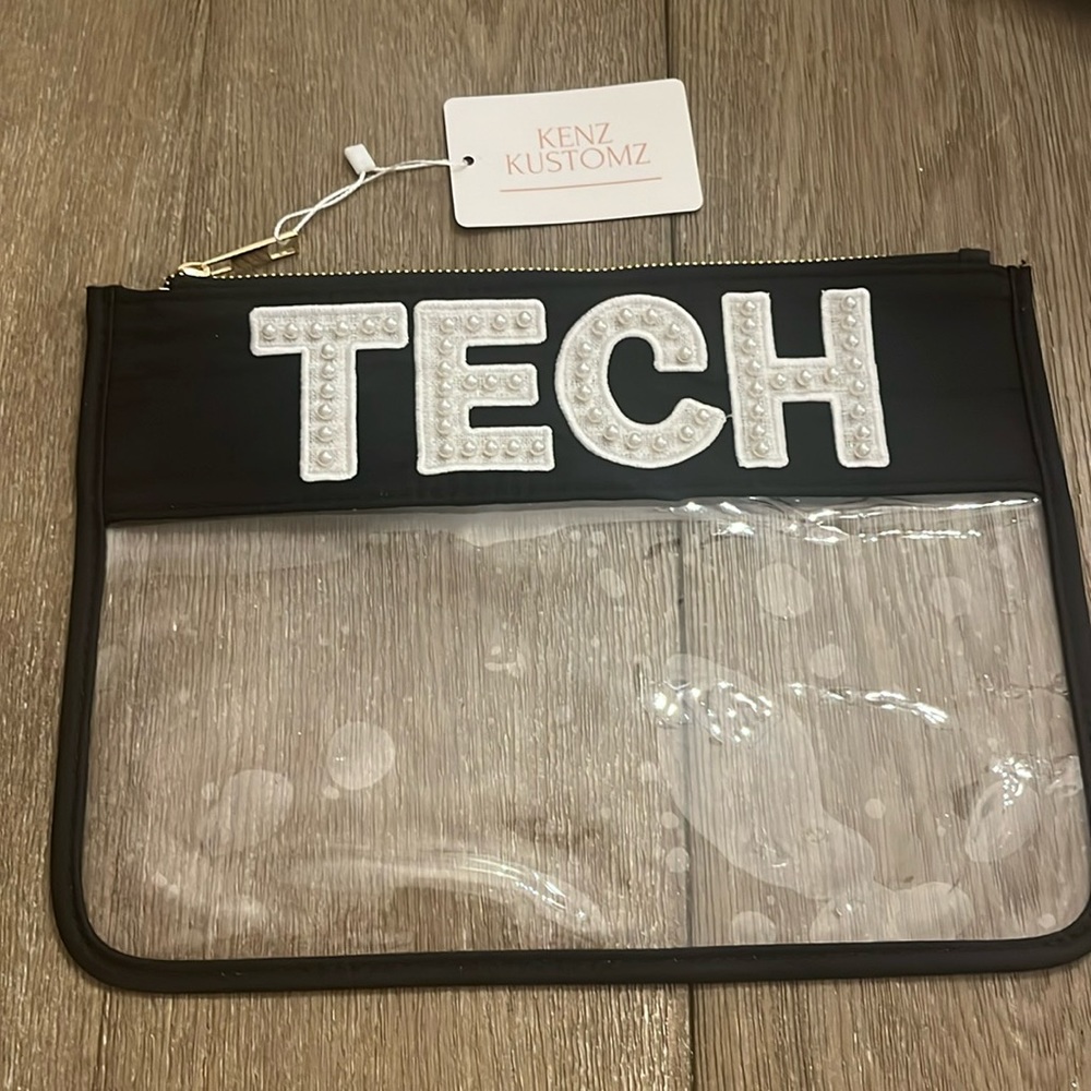 NWT Kenz Kustomz Black Pearl Letters TECH Zippered Plastic Clear Pouch Bag